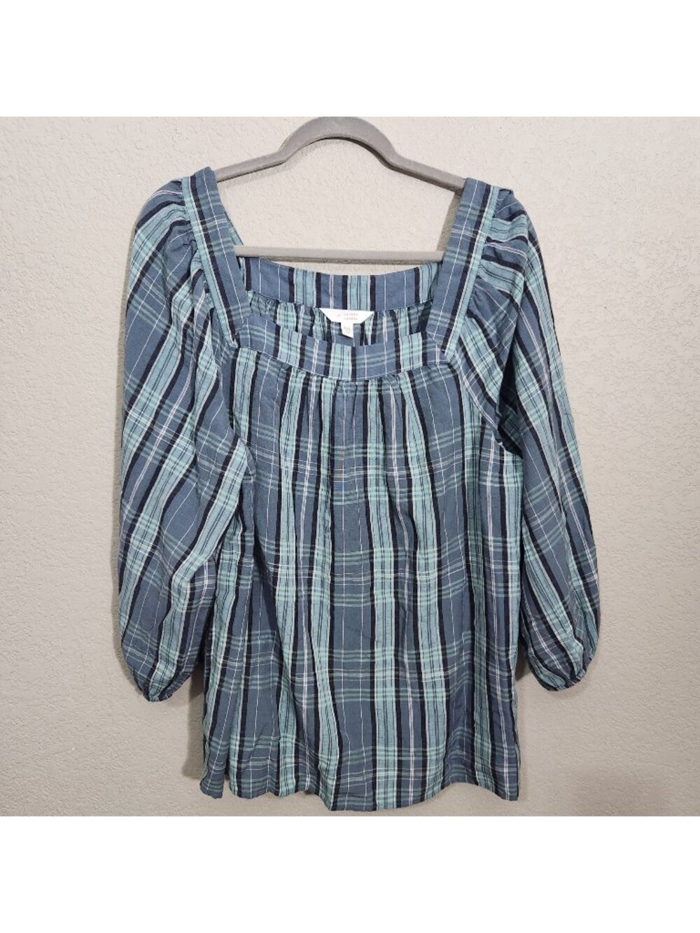 Lauren Conrad Plaid Puff Sleeve Square Neck Blouse XXL Blue Green